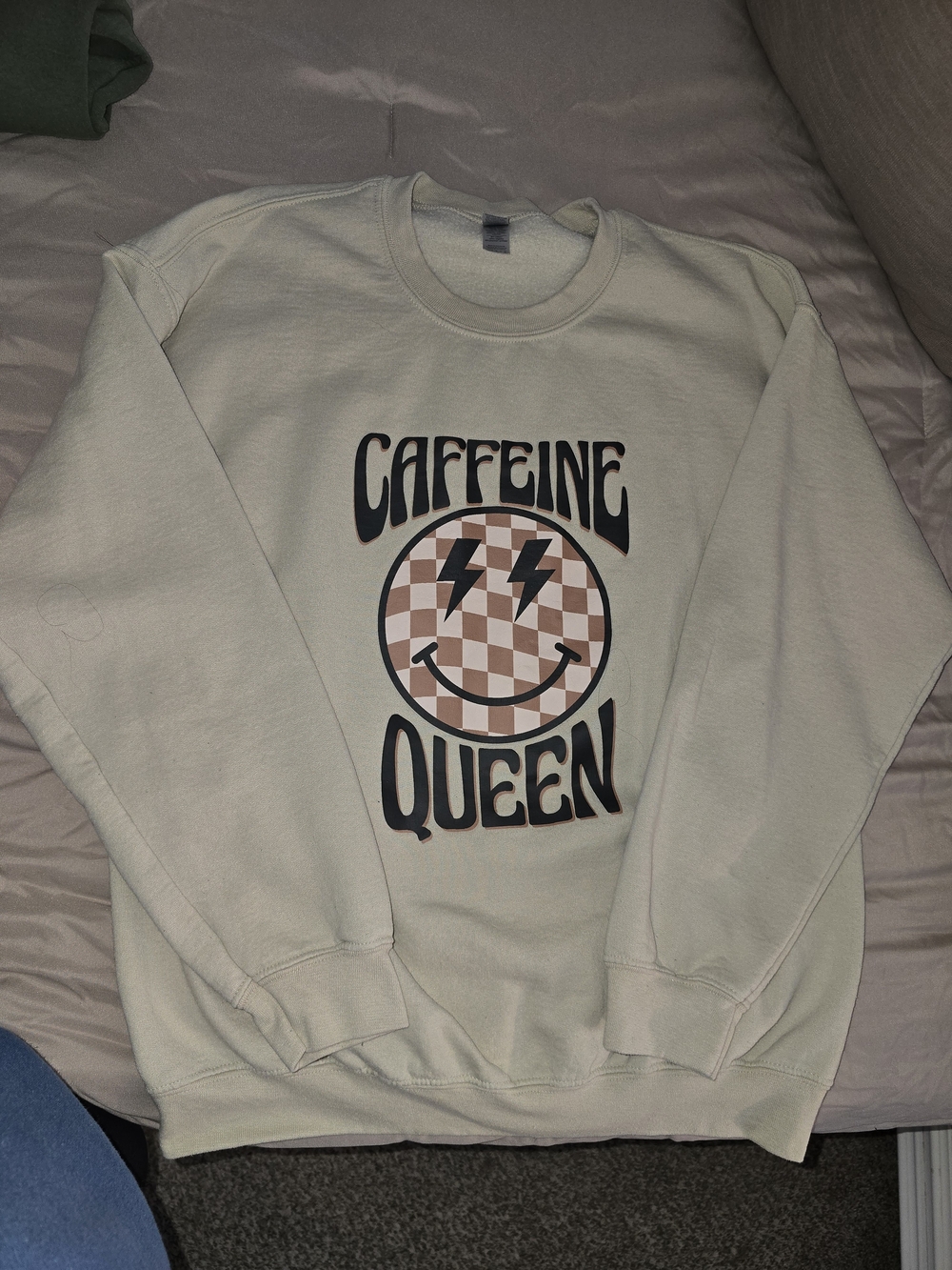 Gildan Cream Crewneck Sweatshirt with Caffeine Queen Graphic